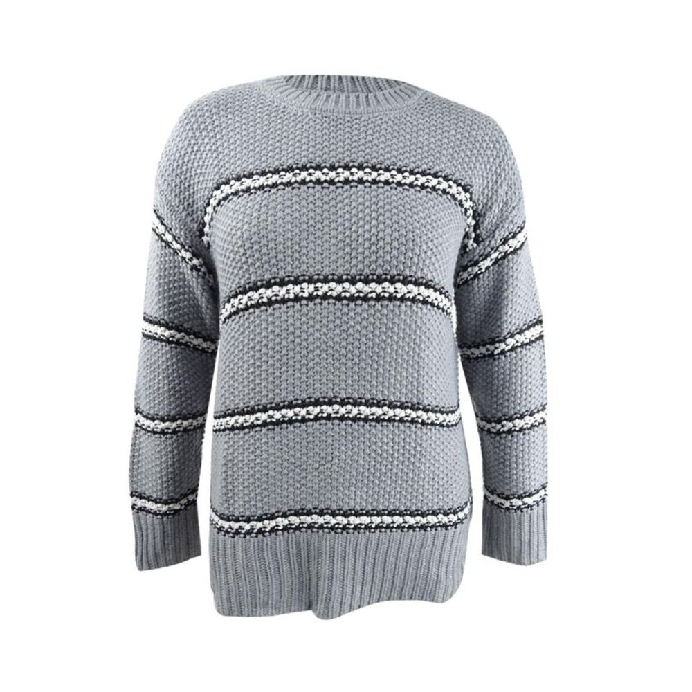 DKNY Women's Striped Chunky Sweater (L, Grey Multi)